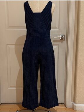 Women's Banana Republic Linen Blend Navy Pinstripe Wide-Leg Jumpsuit